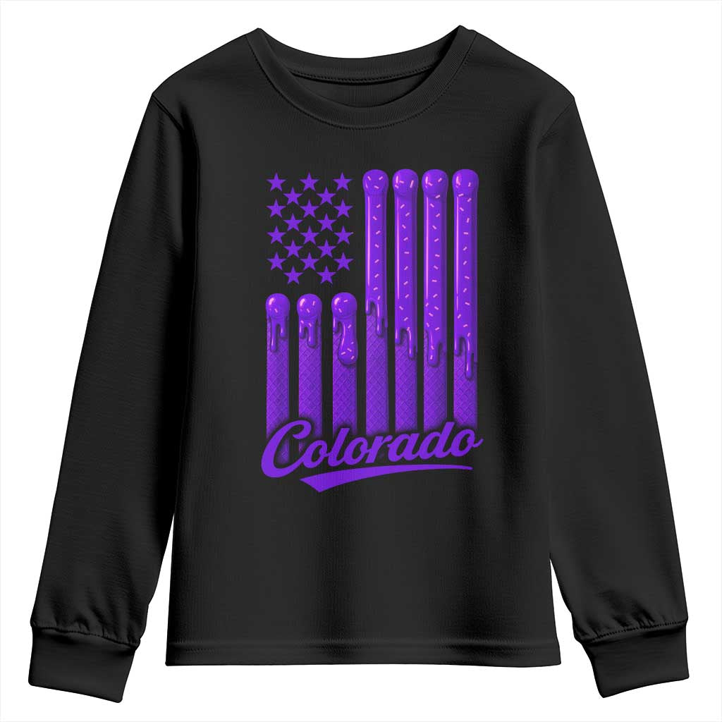 Vintage Colorado Youth Sweatshirt Purple Dripping Flag Vintage State Pride Sports Fan Patriotic TS10 Black Print Your Wear