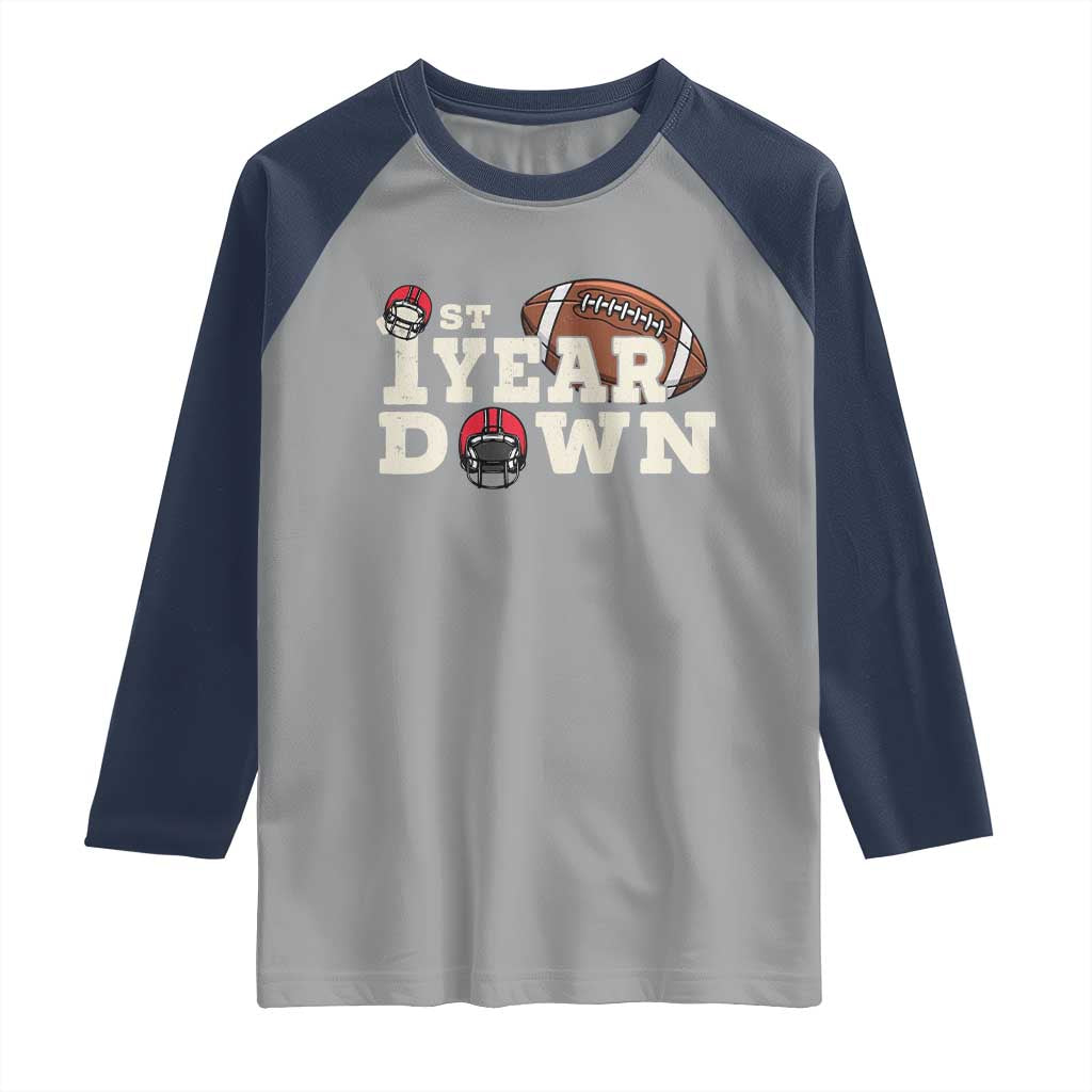 1st Year Down Football Raglan Shirt Touchdown One First Birthday Infant Baby Boy TS10 Sport Gray Navy Print Your Wear