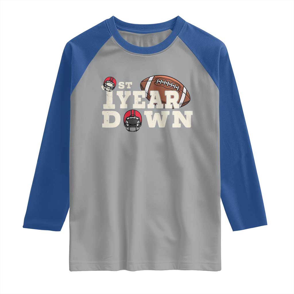 1st Year Down Football Raglan Shirt Touchdown One First Birthday Infant Baby Boy TS10 Sport Gray Royal Print Your Wear