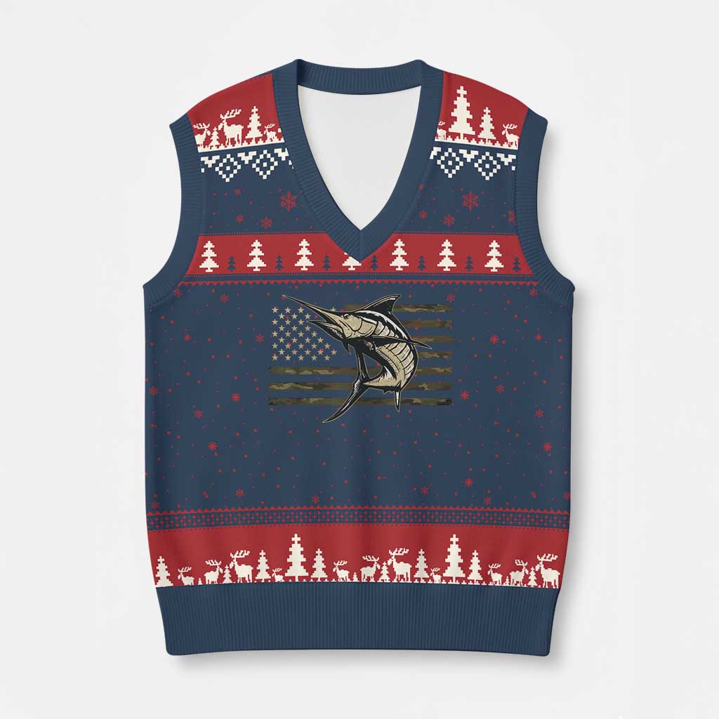 Fishing Camouflage US Flag V-Neck Knit Sweater Vest Swordfish Fish Fisherman Camo TS10 Navy Red Print Your Wear