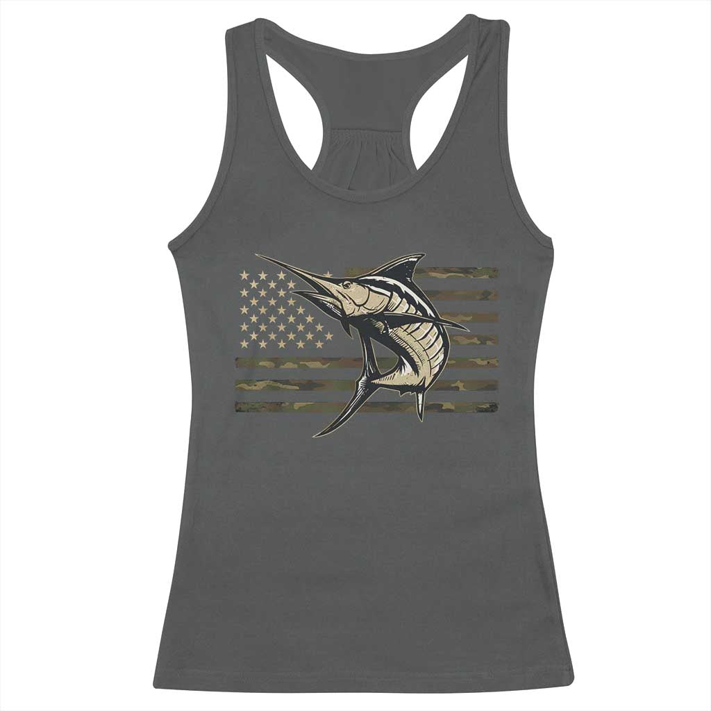 Fishing Camouflage US Flag Racerback Tank Top Swordfish Fish Fisherman Camo TS10 Dark Heather Print Your Wear