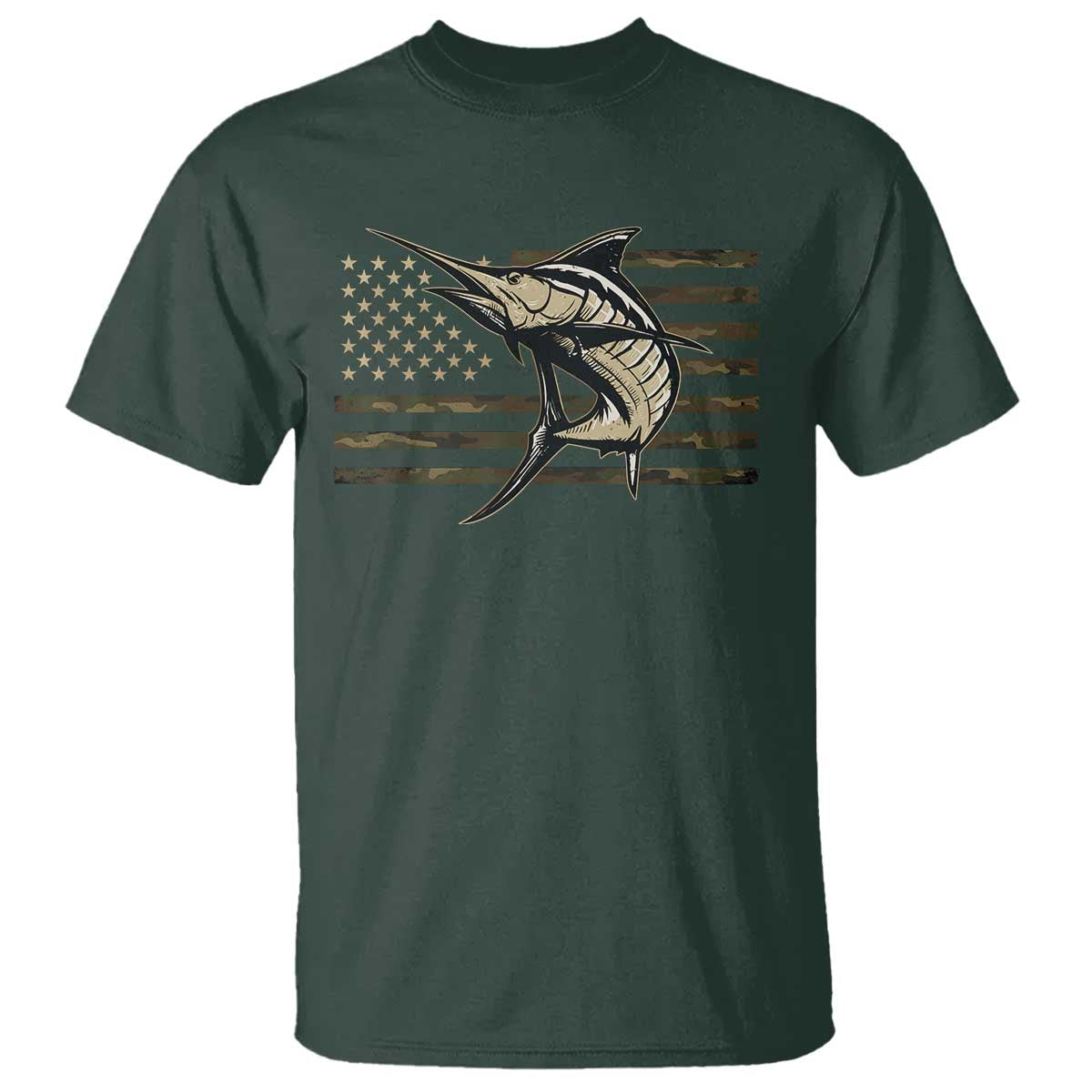 Fishing Camouflage US Flag T Shirt Swordfish Fish Fisherman Camo TS10 Dark Forest Green Print Your Wear