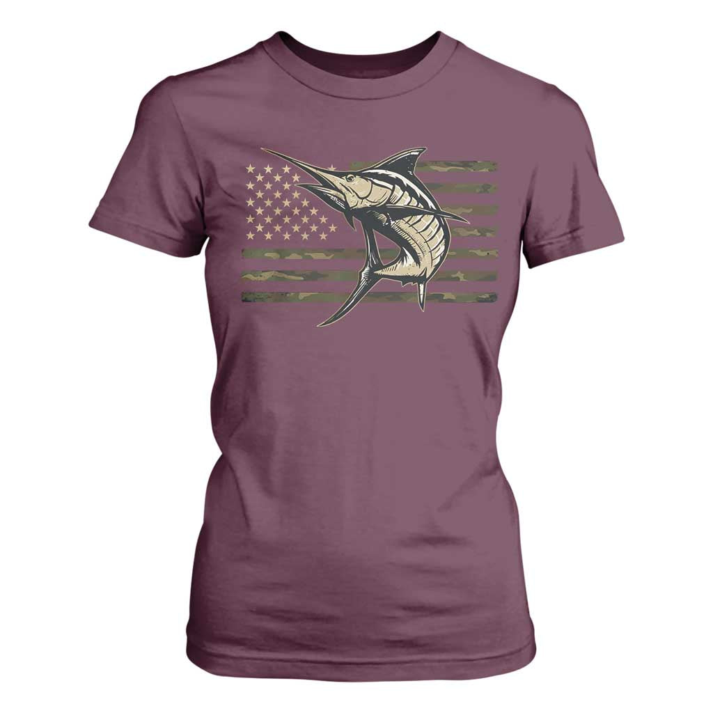Fishing Camouflage US Flag T Shirt For Women Swordfish Fish Fisherman Camo TS10 Maroon Print Your Wear