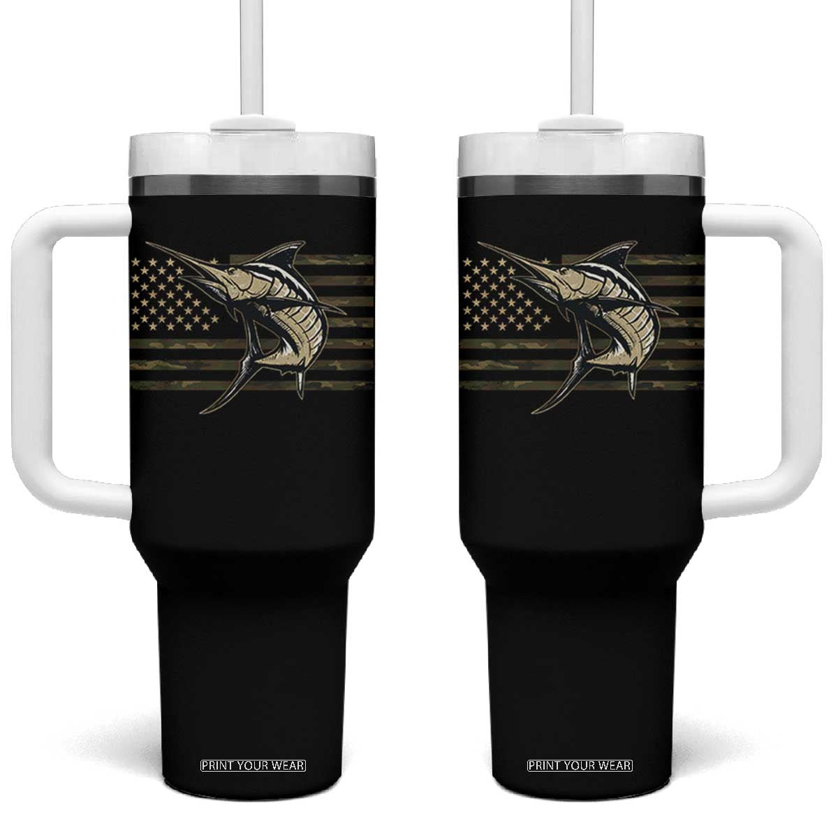 Fishing Camouflage US Flag Tumbler With Handle Swordfish Fish Fisherman Camo TS10 One Size: 40 oz Black Print Your Wear