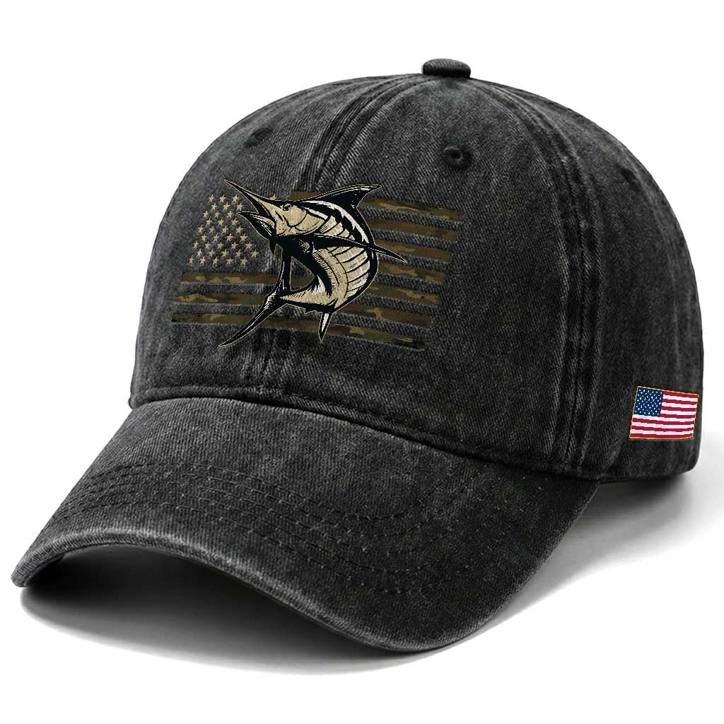Fishing Camouflage US Flag Washed Cotton Baseball Cap Swordfish Fish Fisherman Camo