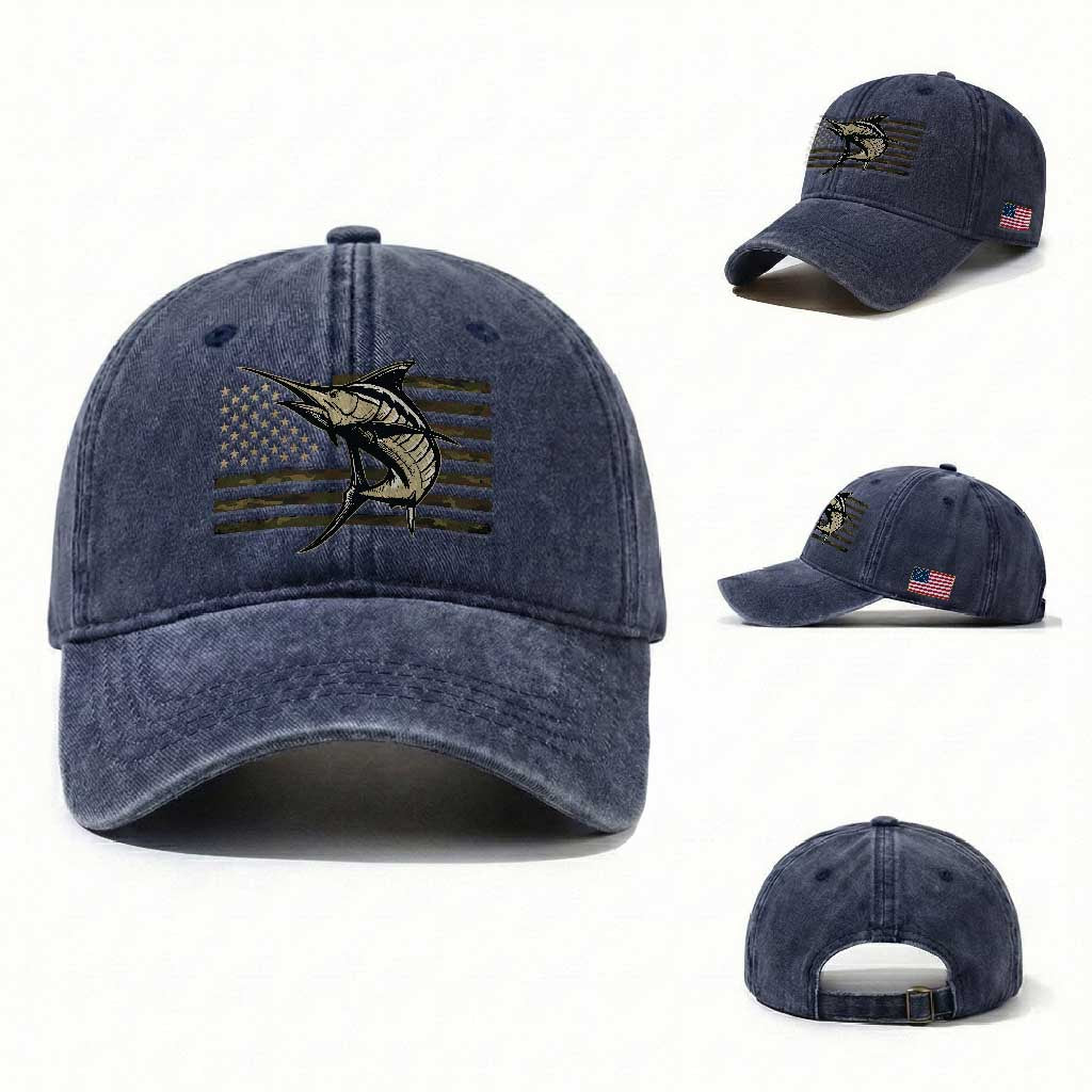 Fishing Camouflage US Flag Washed Cotton Baseball Cap Swordfish Fish Fisherman Camo