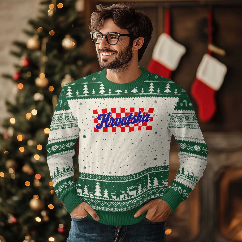 Hrvatska Ugly Christmas Sweater Checkered Retro Croatia Zagreb Croatian