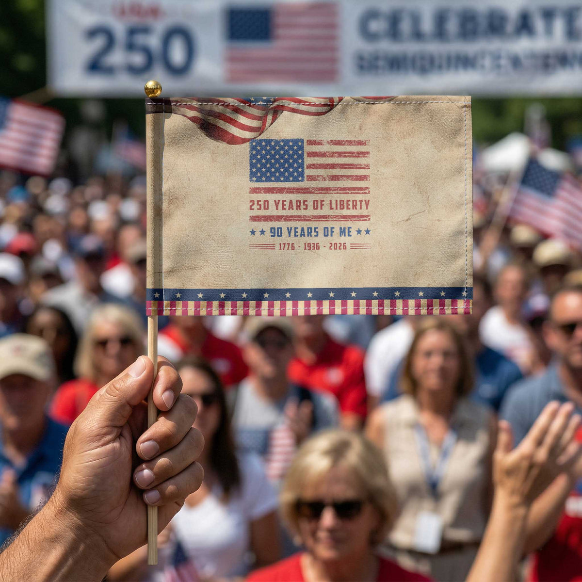 90th Birthday USA 250th Anniversary Patriotic Handheld Flag 250 Years of Liberty 1936 90 Year Old Gift