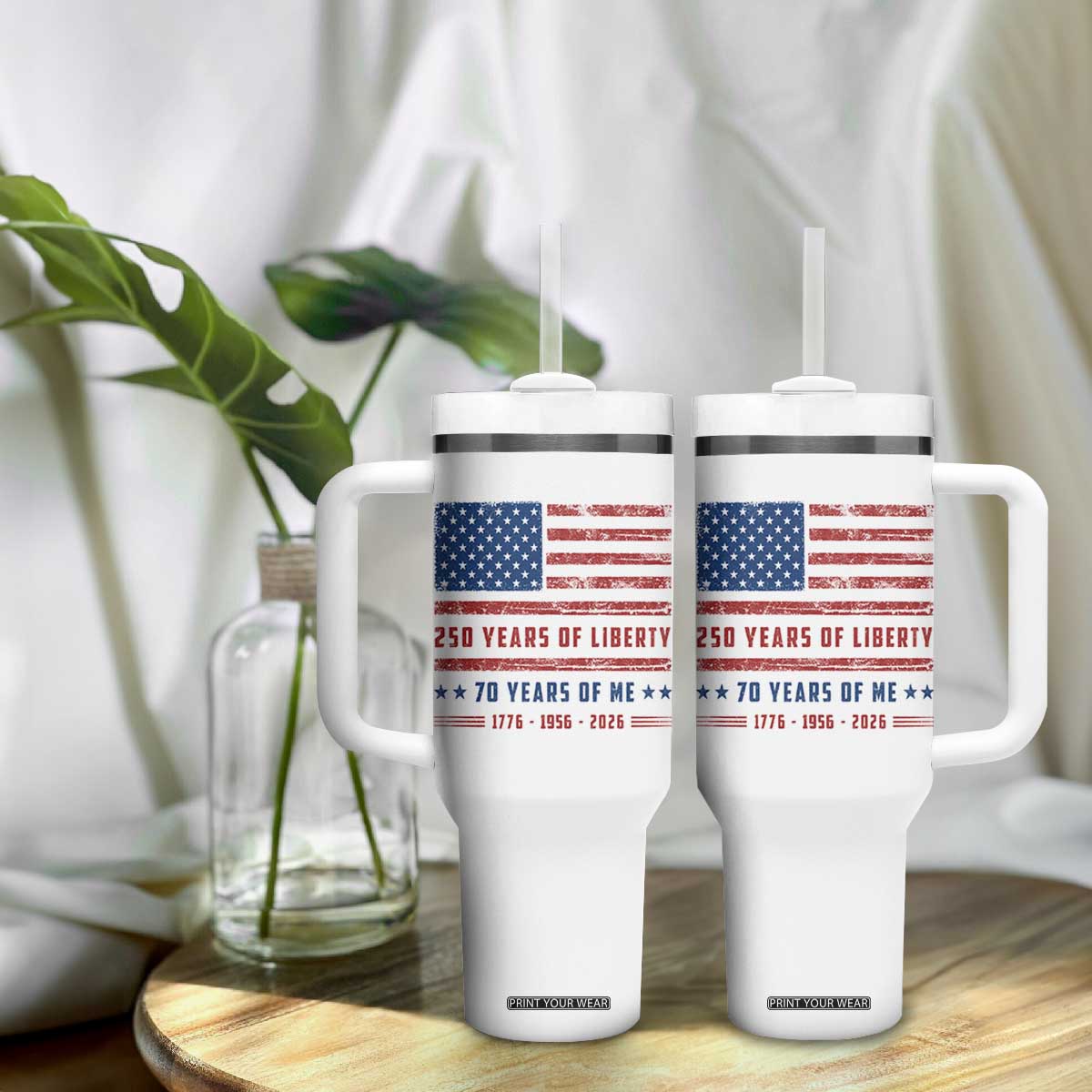 Patriotic 70th Birthday USA 250th Anniversary Tumbler With Handle 250 Years of Liberty 1956 70 Year Old Gift
