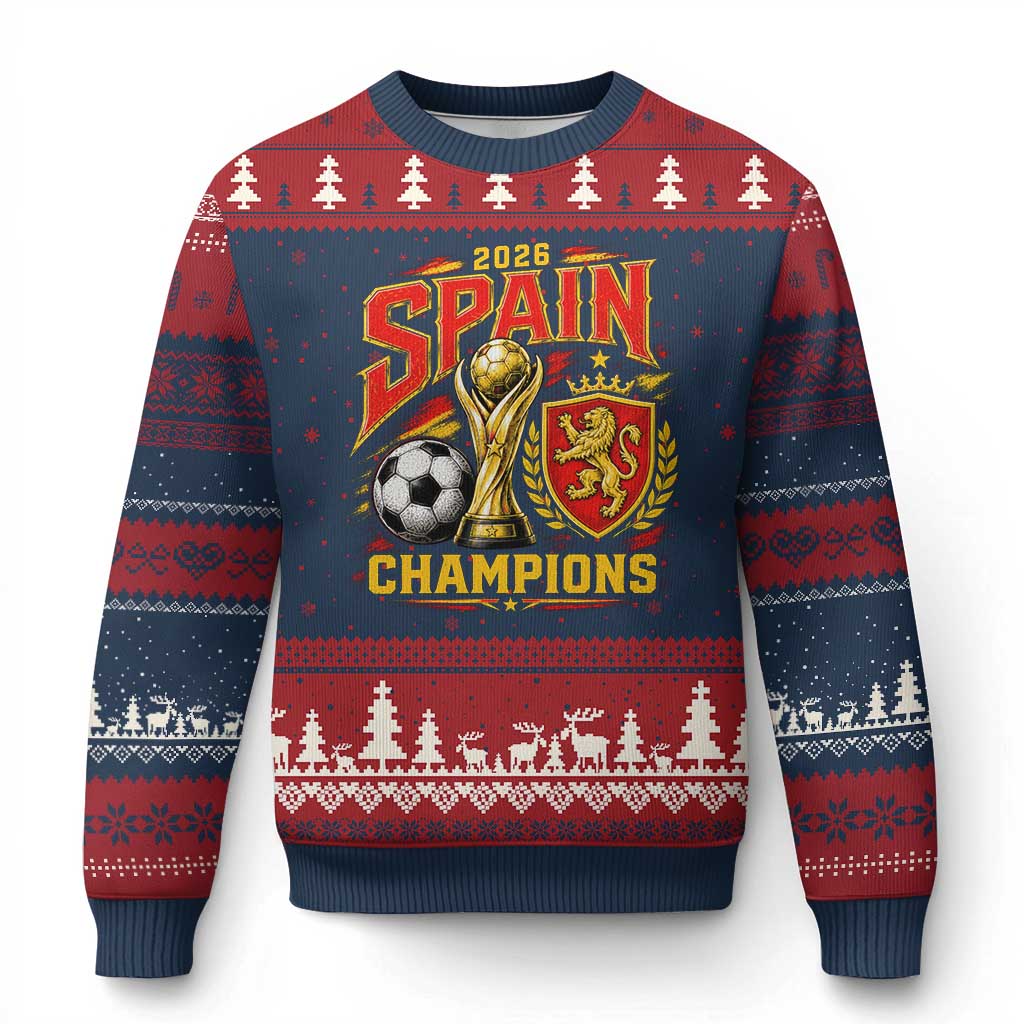 Spain Champions 2026 Ugly Christmas Sweater Spanish Soccer Fan Graphic TS10 Navy Red Print Your Wear