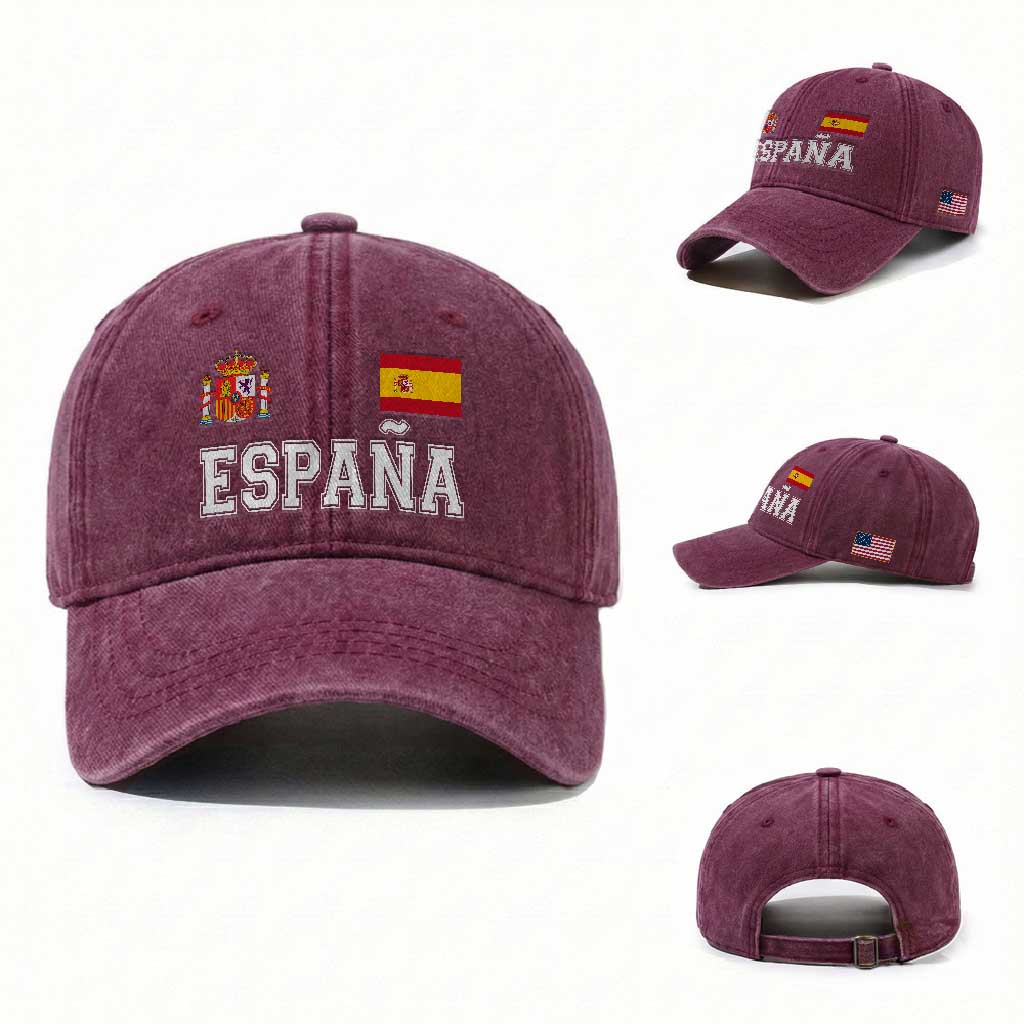 Spain Espana Washed Cotton Baseball Cap Vintage Spanish Flag Royal Crest Graphic