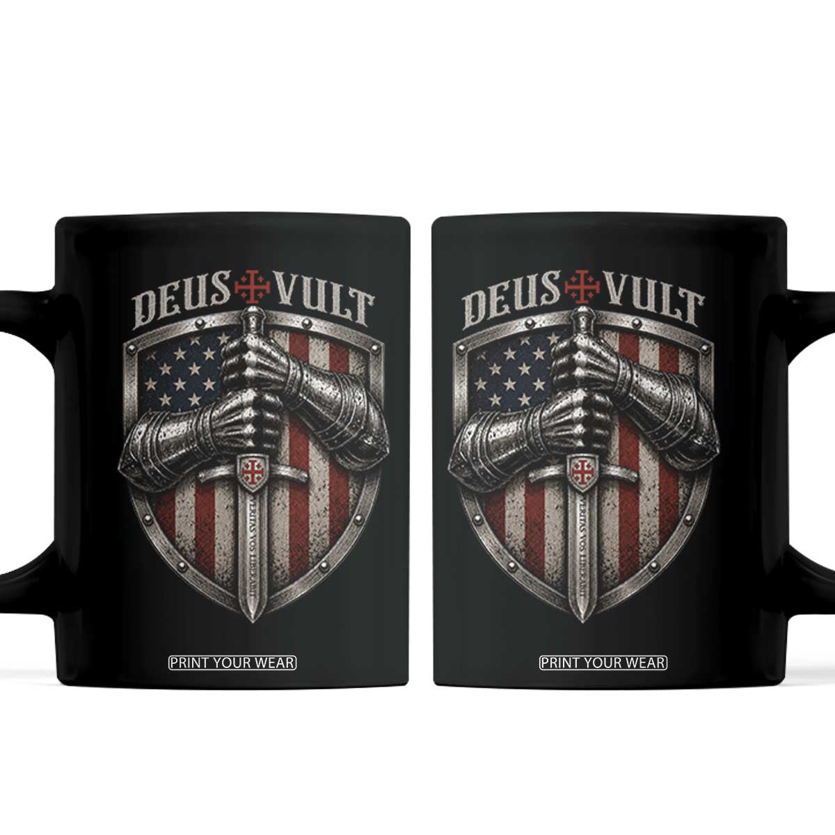 Catholic Knight Templar Crusader Coffee Mug Rertro Deus Vult American Flag TS10 Black Print Your Wear
