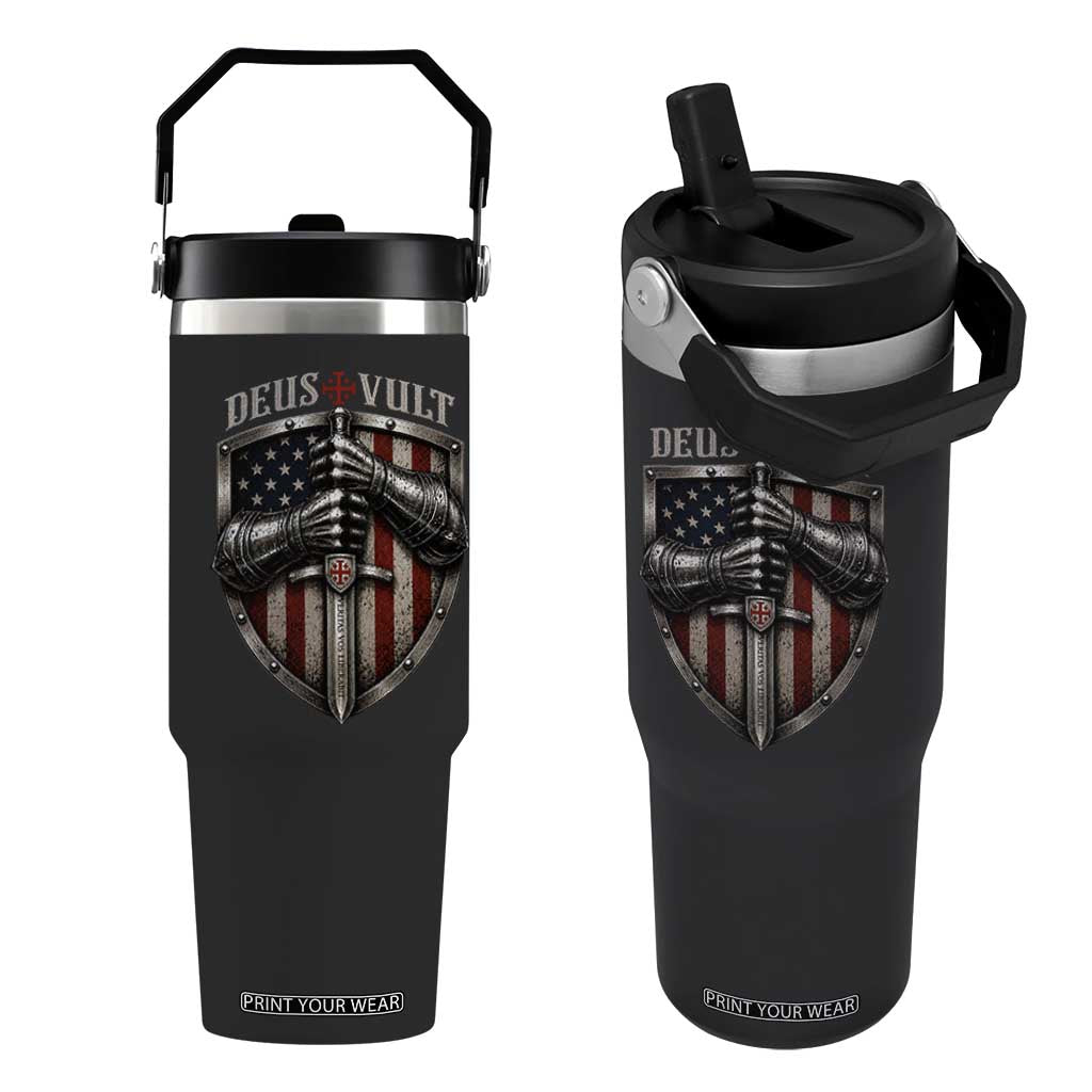 Catholic Knight Templar Crusader Flip Straw Tumbler Rertro Deus Vult American Flag TS10 One Size: 30 oz Black Print Your Wear