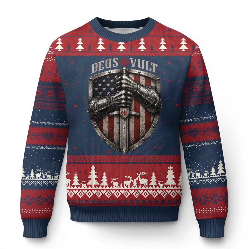 Catholic Knight Templar Crusader Ugly Christmas Sweater Rertro Deus Vult American Flag TS10 Navy Red Print Your Wear