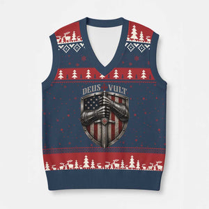 Catholic Knight Templar Crusader V-Neck Knit Sweater Vest Rertro Deus Vult American Flag