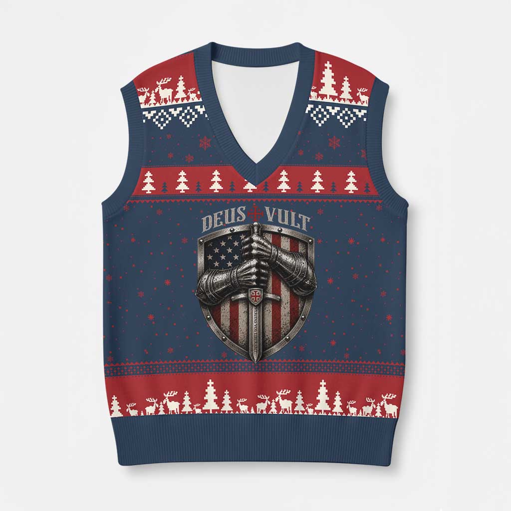 Catholic Knight Templar Crusader V-Neck Knit Sweater Vest Rertro Deus Vult American Flag TS10 Navy Red Print Your Wear