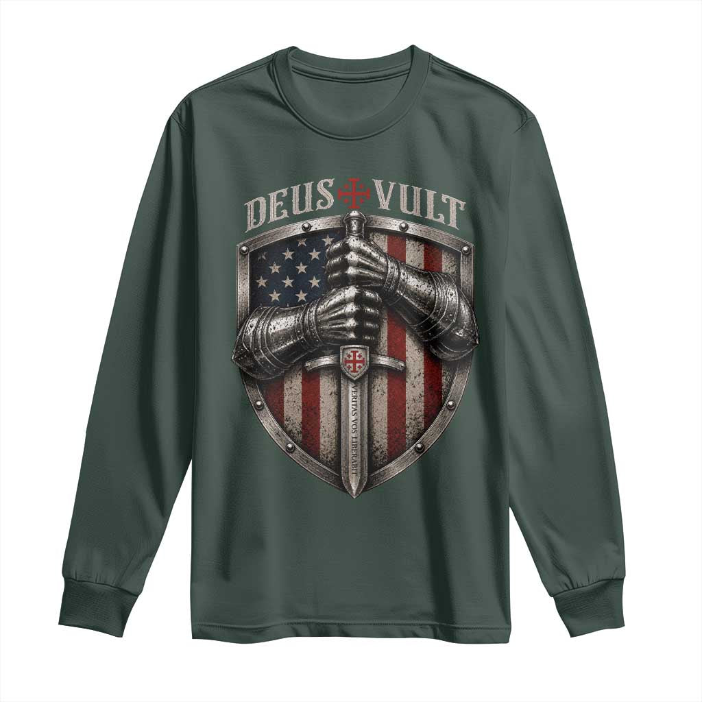 Catholic Knight Templar Crusader Long Sleeve Shirt Rertro Deus Vult American Flag