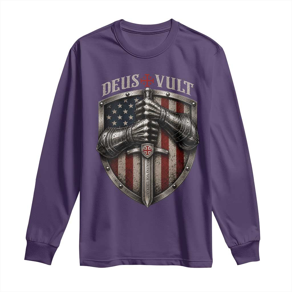 Catholic Knight Templar Crusader Long Sleeve Shirt Rertro Deus Vult American Flag