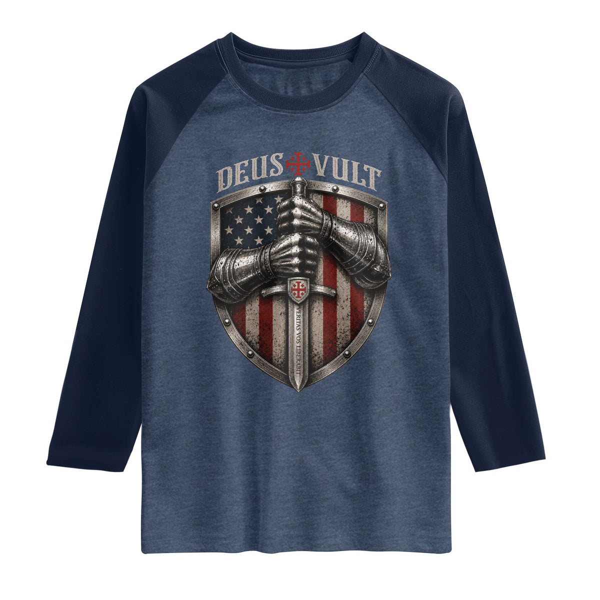 Catholic Knight Templar Crusader Raglan Shirt Rertro Deus Vult American Flag