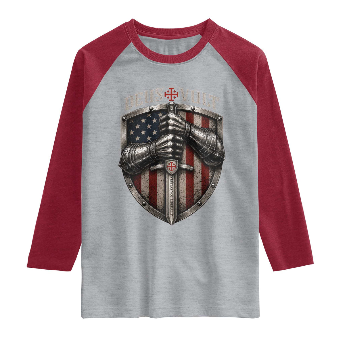 Catholic Knight Templar Crusader Raglan Shirt Rertro Deus Vult American Flag