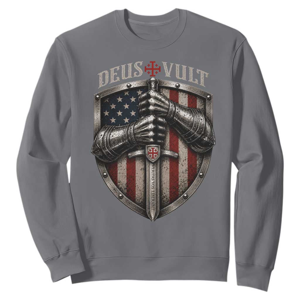 Catholic Knight Templar Crusader Sweatshirt Rertro Deus Vult American Flag