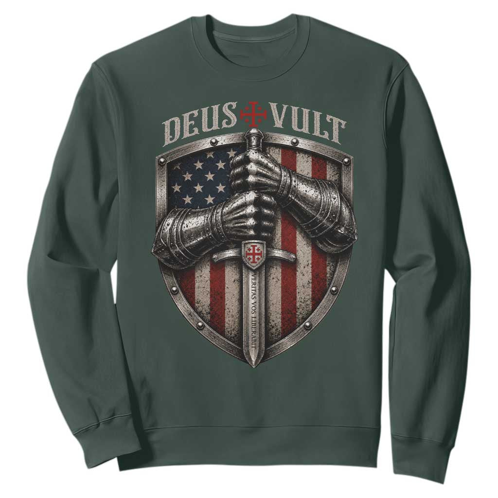 Catholic Knight Templar Crusader Sweatshirt Rertro Deus Vult American Flag
