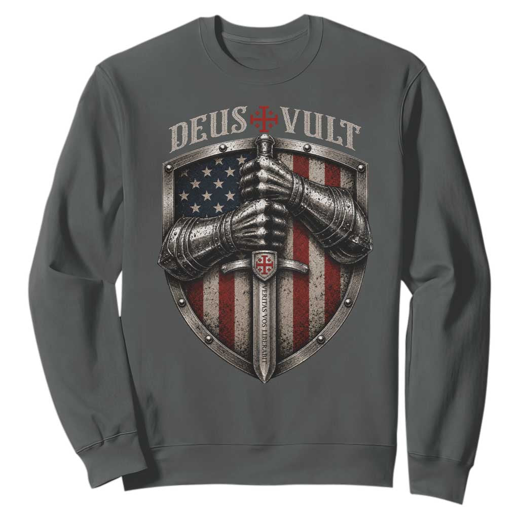 Catholic Knight Templar Crusader Sweatshirt Rertro Deus Vult American Flag
