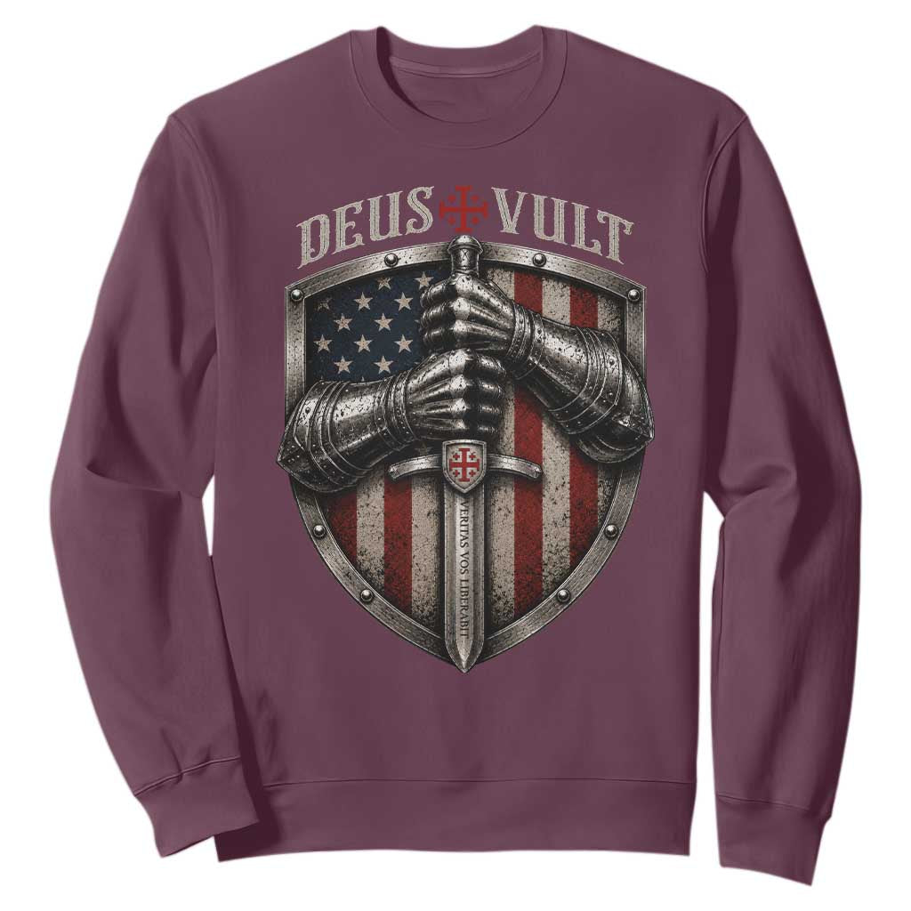 Catholic Knight Templar Crusader Sweatshirt Rertro Deus Vult American Flag