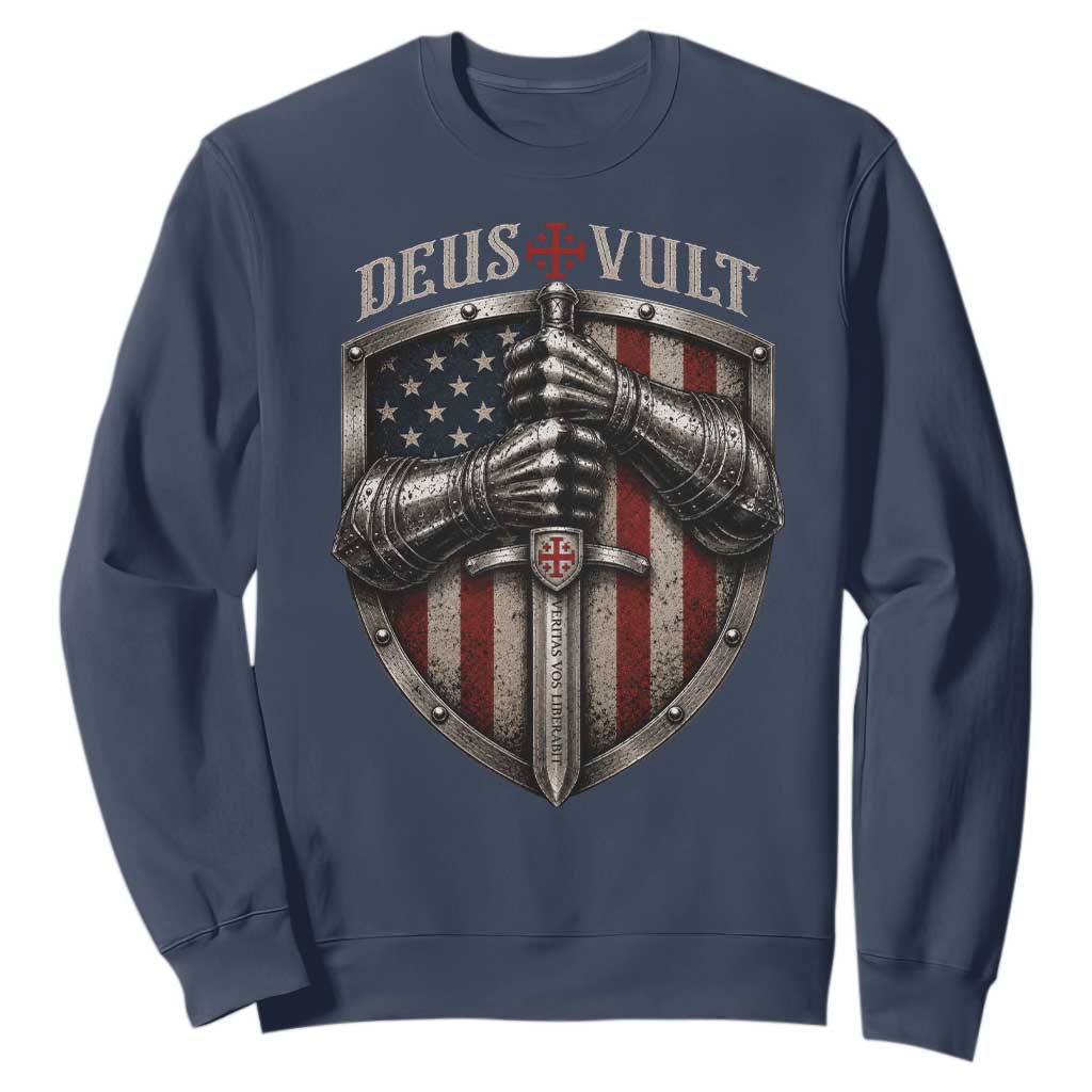 Catholic Knight Templar Crusader Sweatshirt Rertro Deus Vult American Flag