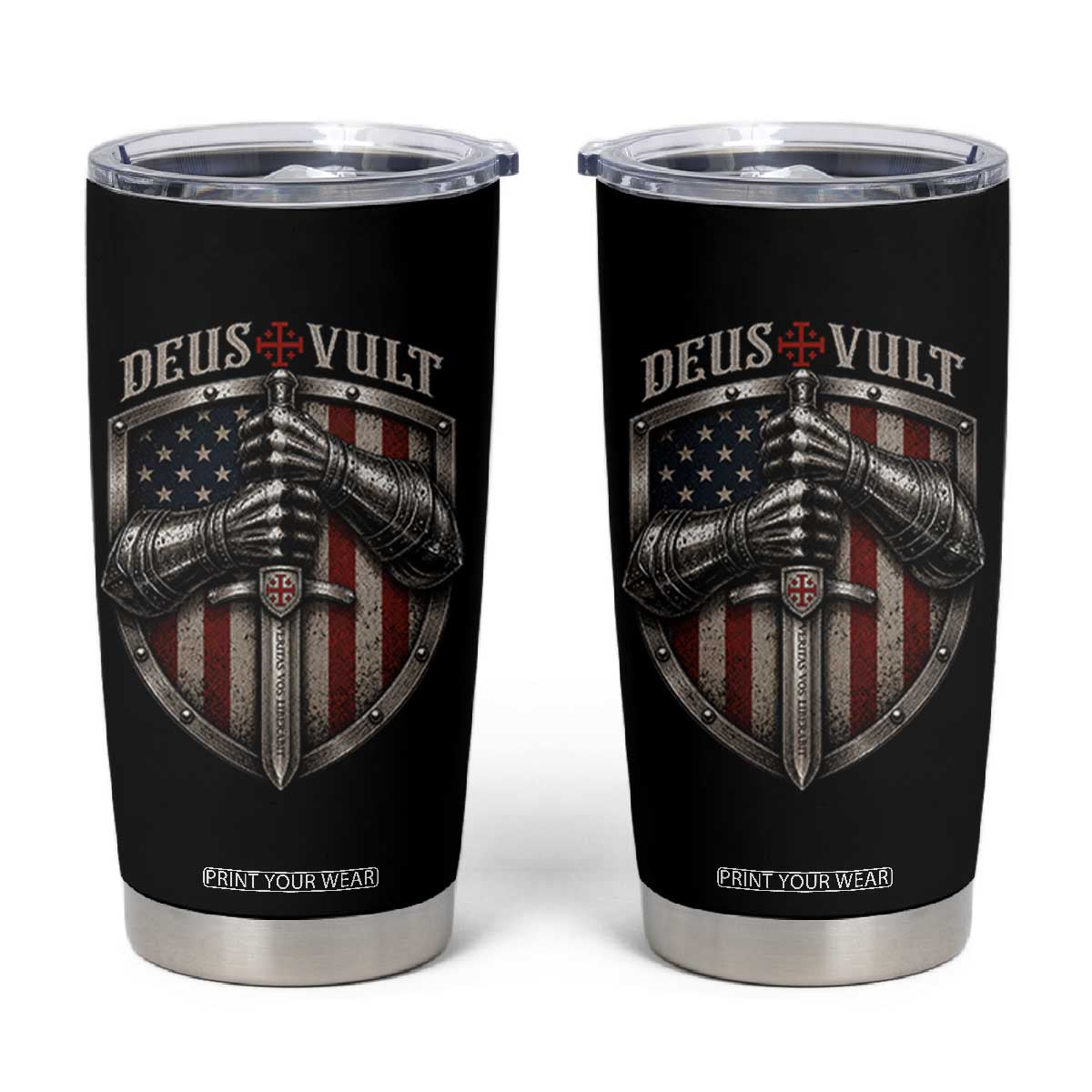 Catholic Knight Templar Crusader Tumbler Cup Rertro Deus Vult American Flag