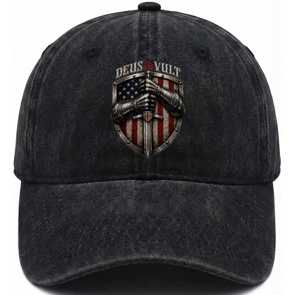 Catholic Knight Templar Crusader Washed Cotton Baseball Cap Rertro Deus Vult American Flag TS10 Print Your Wear