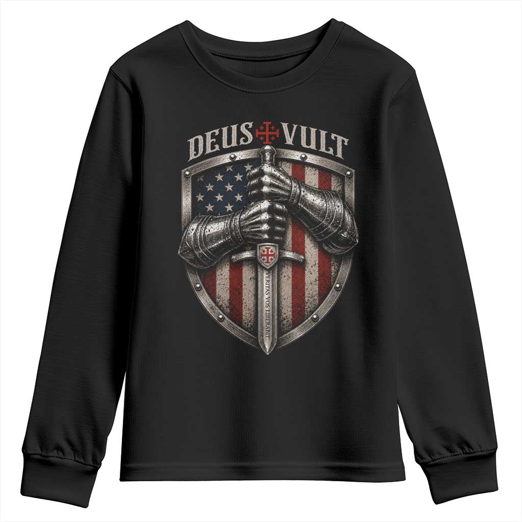 Catholic Knight Templar Crusader Youth Sweatshirt Rertro Deus Vult American Flag TS10 Black Print Your Wear
