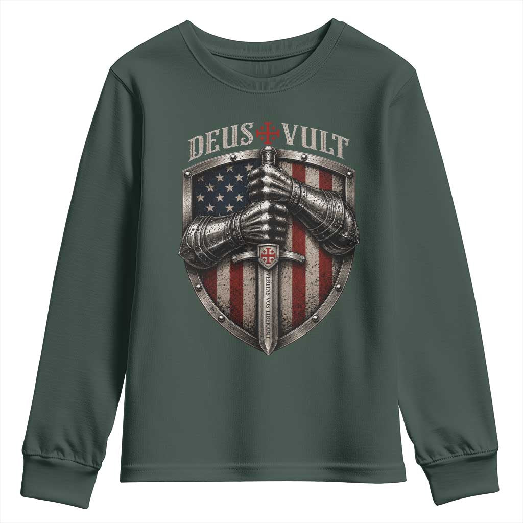 Catholic Knight Templar Crusader Youth Sweatshirt Rertro Deus Vult American Flag