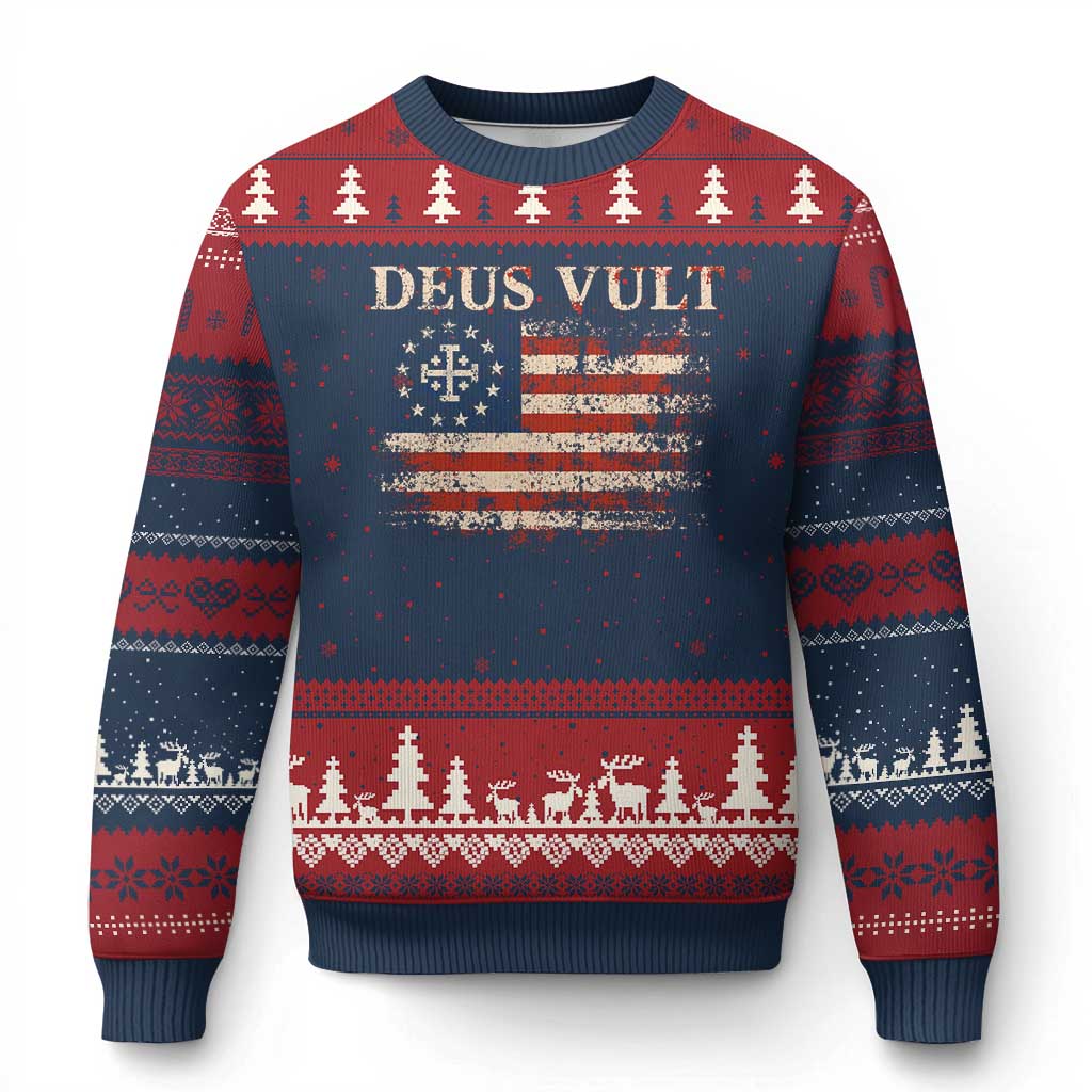 Catholic Knight Templar Crusader Cross Ugly Christmas Sweater Vintage American Flag