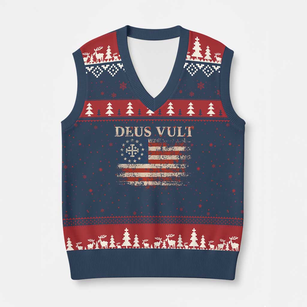 Catholic Knight Templar Crusader Cross V-Neck Knit Sweater Vest Vintage American Flag