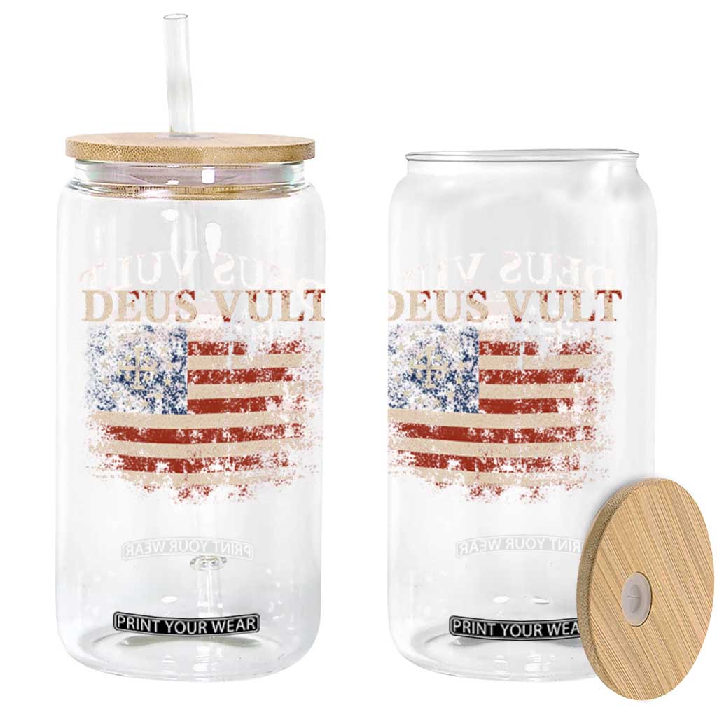 Catholic Knight Templar Crusader Cross Glass Can Vintage American Flag