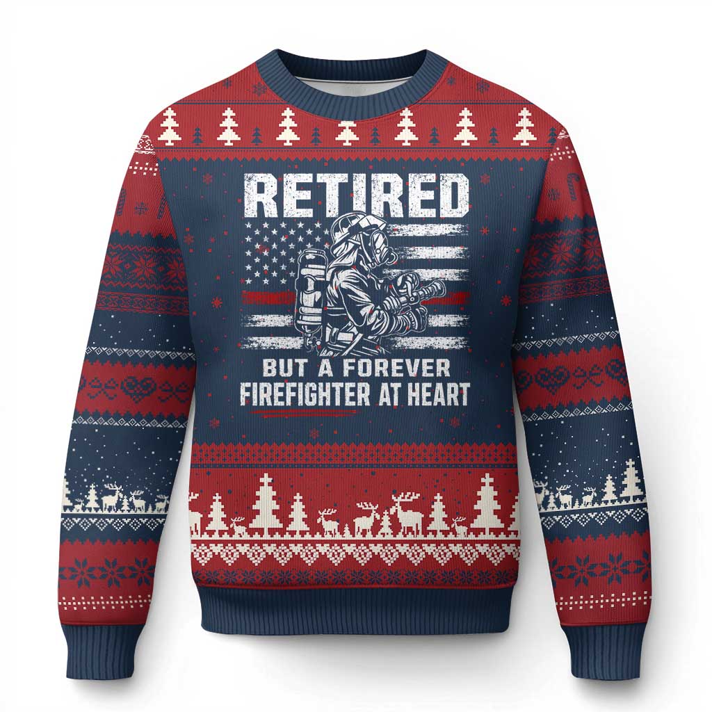 Retired Firefighter Ugly Christmas Sweater Fireman Pride 911 Rescue Retirement Gift TS10 Navy Red Print Your Wear