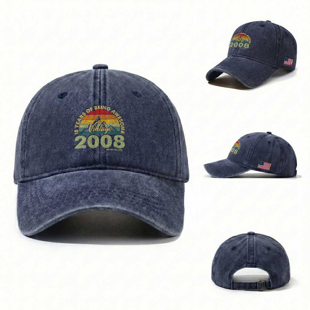 18th Birthday Washed Cotton Baseball Cap Vintage 2008 Limited Edition 18 Year Old Gift