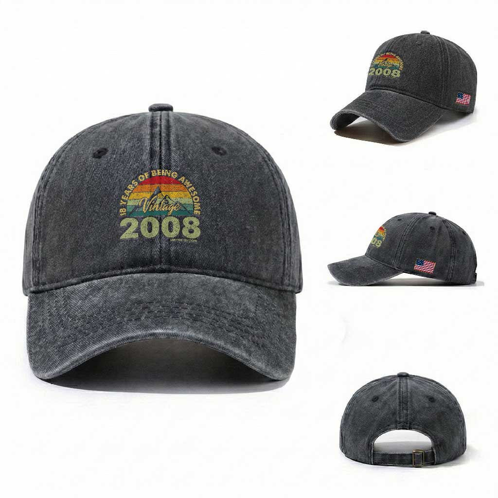 18th Birthday Washed Cotton Baseball Cap Vintage 2008 Limited Edition 18 Year Old Gift