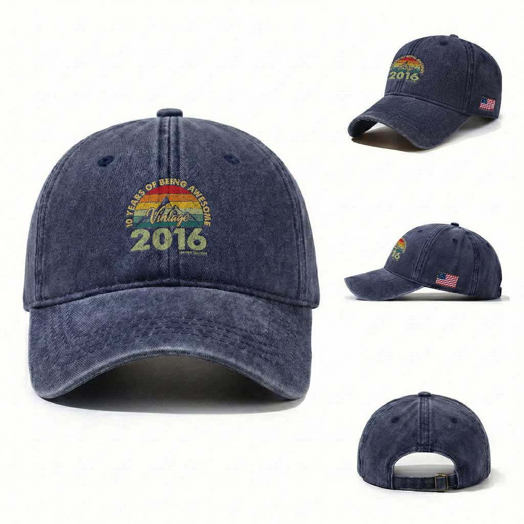 10th Birthday Washed Cotton Baseball Cap Vintage 2016 Limited Edition 10 Year Old Bday Gift