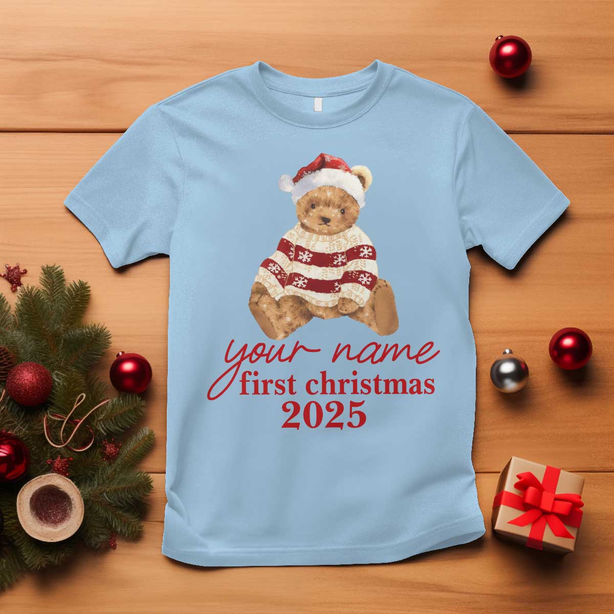 Personalised My First Christmas T Shirt Custom Name Newborn Baby 1st Xmas TS10 Light Blue Print Your Wear