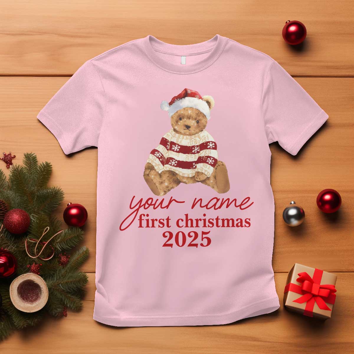 Personalised My First Christmas T Shirt Custom Name Newborn Baby 1st Xmas TS10 Light Pink Print Your Wear