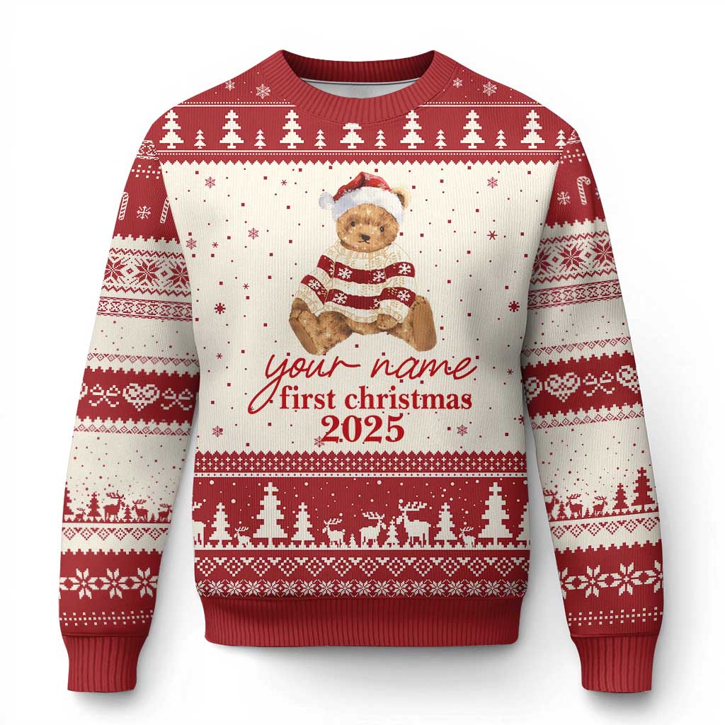 Personalised My First Xmas Ugly Christmas Sweater Custom Name Newborn Baby 1st Xmas TS10 Beige Red Print Your Wear
