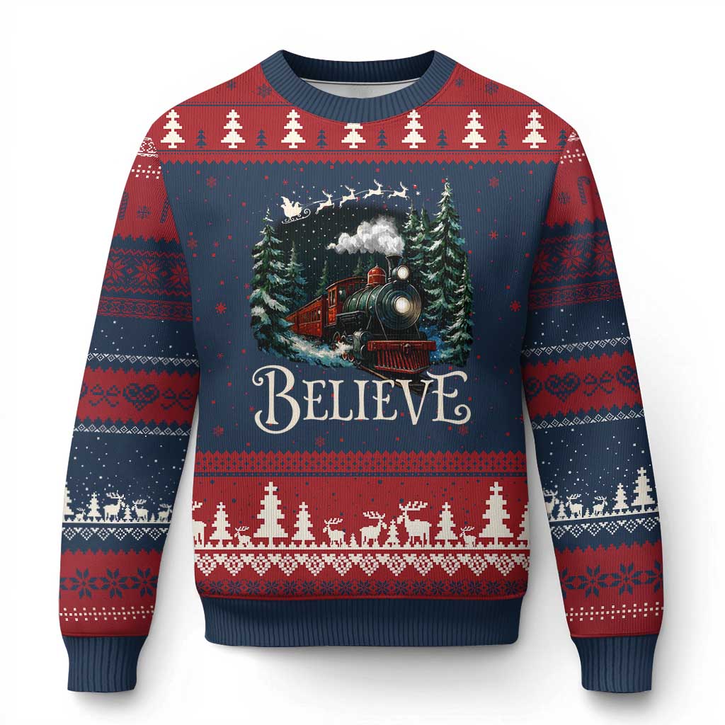 Polar Express Ugly Christmas Sweater Xmas Believe TS10 Navy Red Print Your Wear