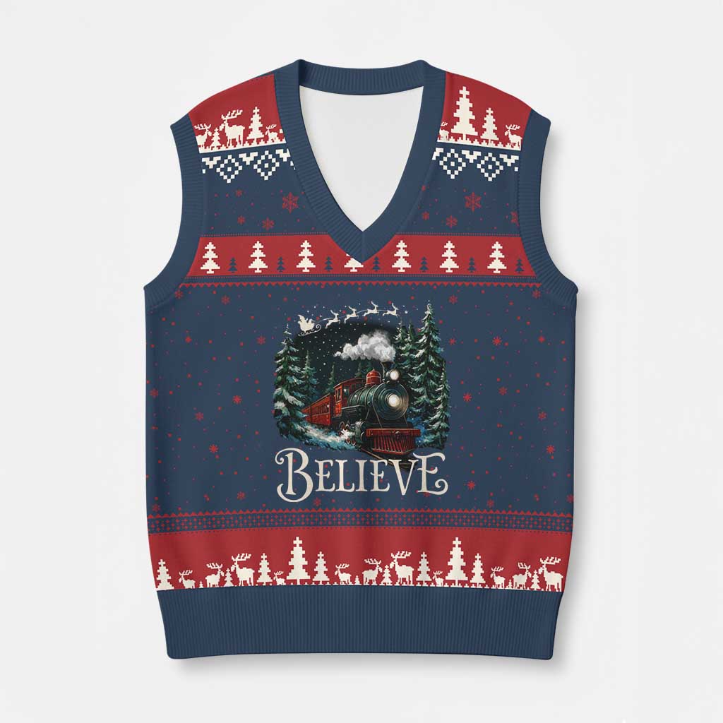 Polar Express V-Neck Knit Sweater Vest Xmas Believe TS10 Navy Red Print Your Wear