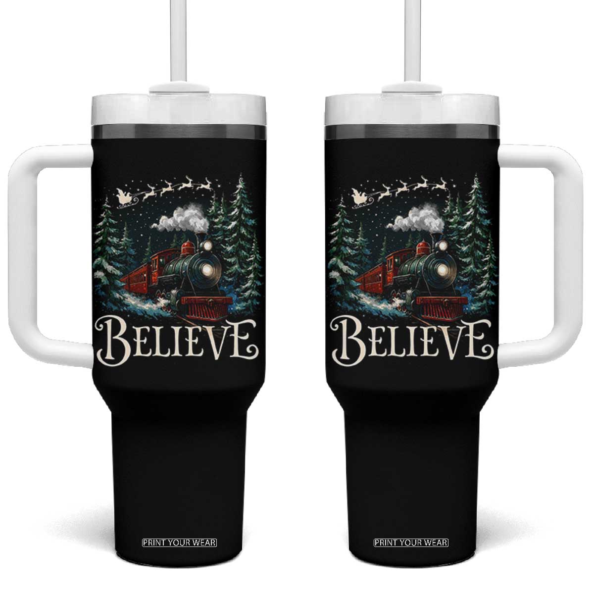 Polar Express Tumbler With Handle Christmas Believe TS10 One Size: 40 oz Black Print Your Wear