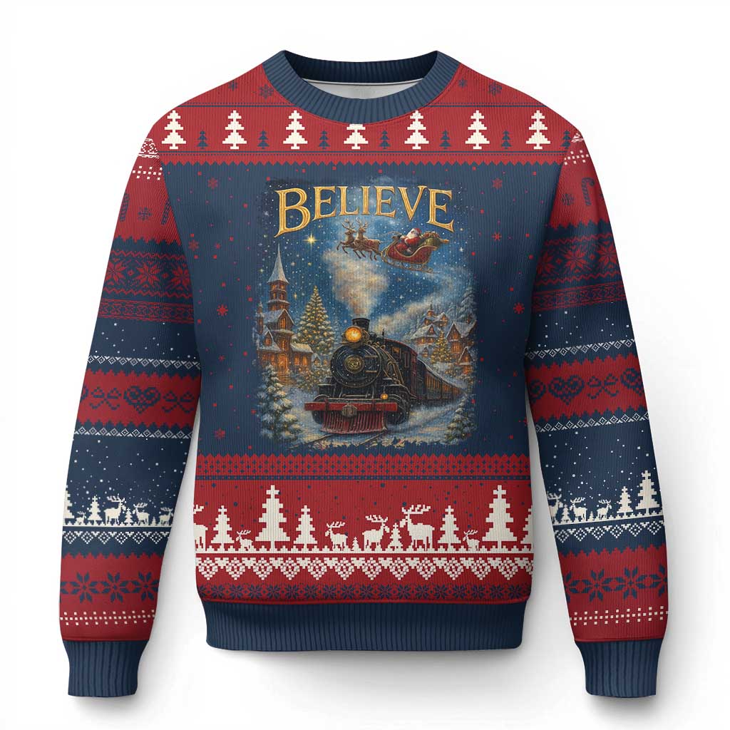 Polar Express Ugly Christmas Sweater Retro Vintage Xmas Believe TS10 Navy Red Print Your Wear