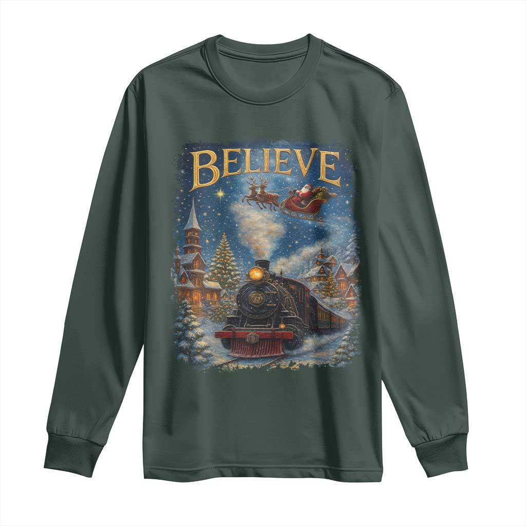 Polar Express Long Sleeve Shirt Retro Vintage Christmas Believe TS10 Dark Forest Green Print Your Wear
