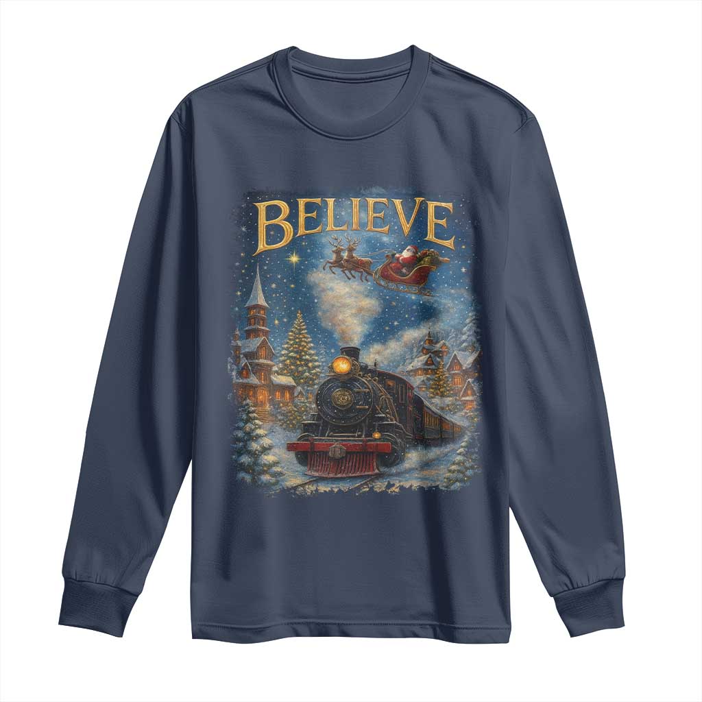 Polar Express Long Sleeve Shirt Retro Vintage Christmas Believe TS10 Navy Print Your Wear
