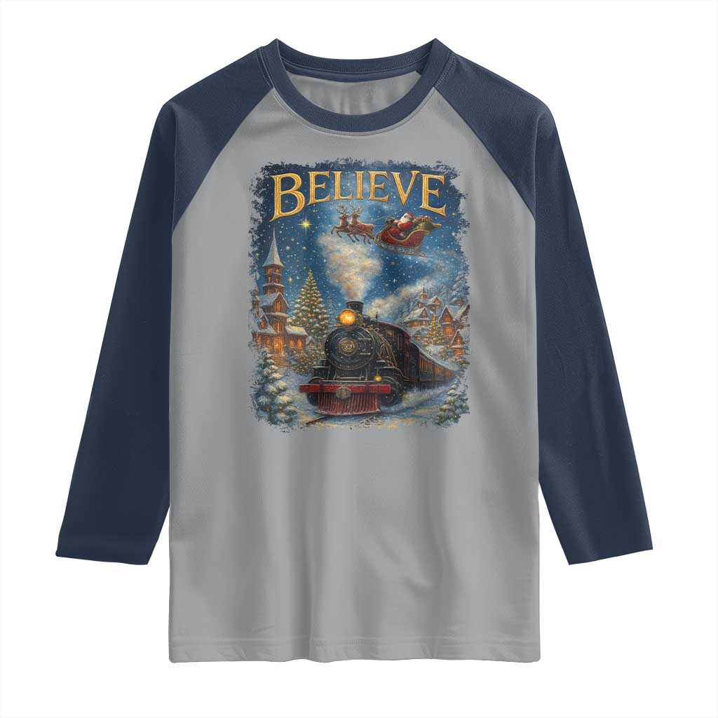 Polar Express Raglan Shirt Retro Vintage Christmas Believe TS10 Sport Gray Navy Print Your Wear